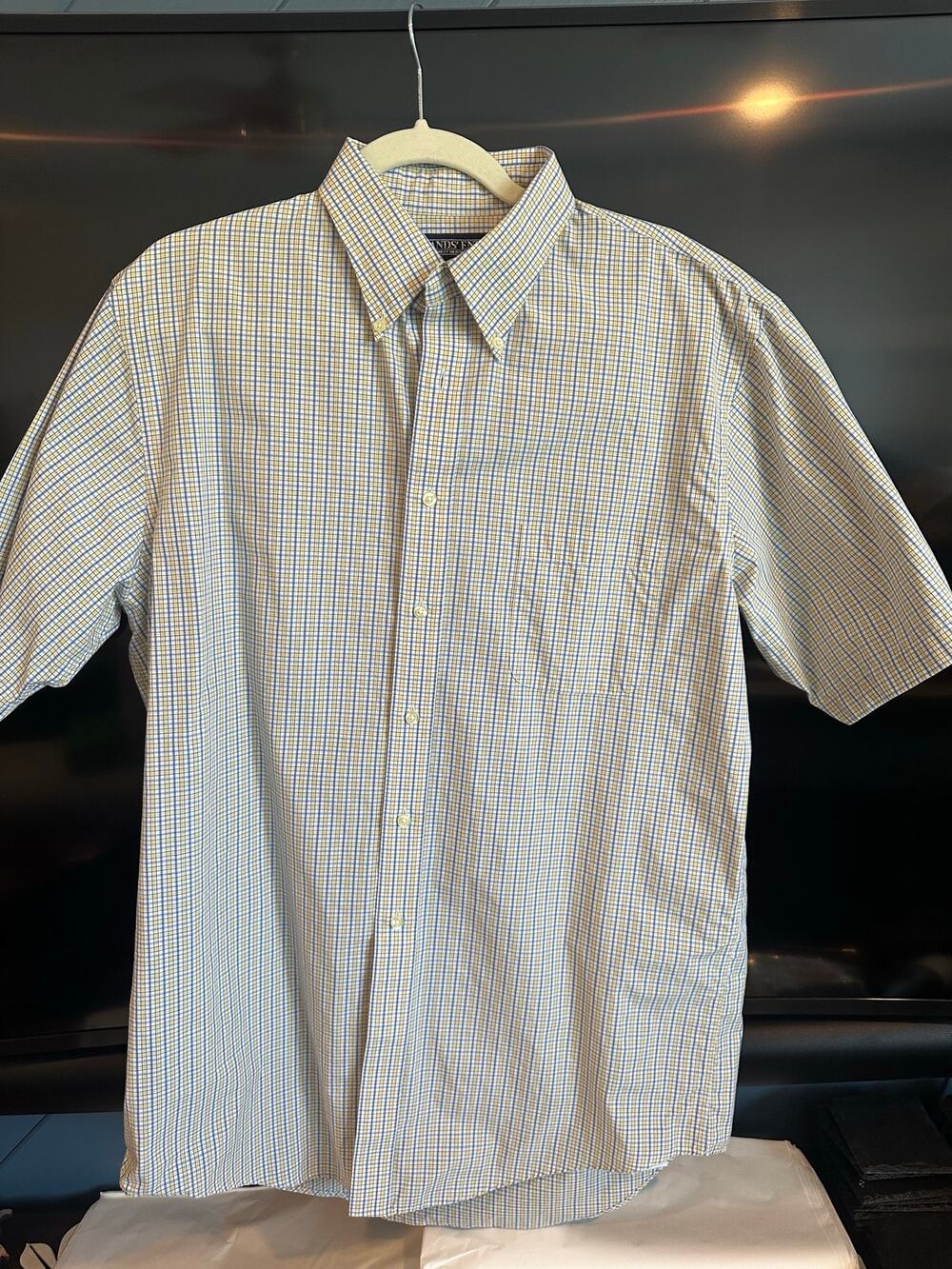 Land's End 100% cotton twill short sleeve white blue + yellow plaid sz 16 tall